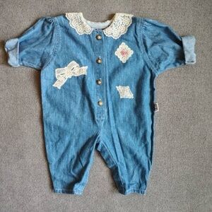 Vtg SF Blues Denim Jumper Romper Girl 3-6 Months Pearls Lace Bows Spring Summer